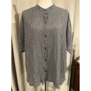 Eileen Fisher Xl Puckers Organic Linen Shirt Plaid Pattern